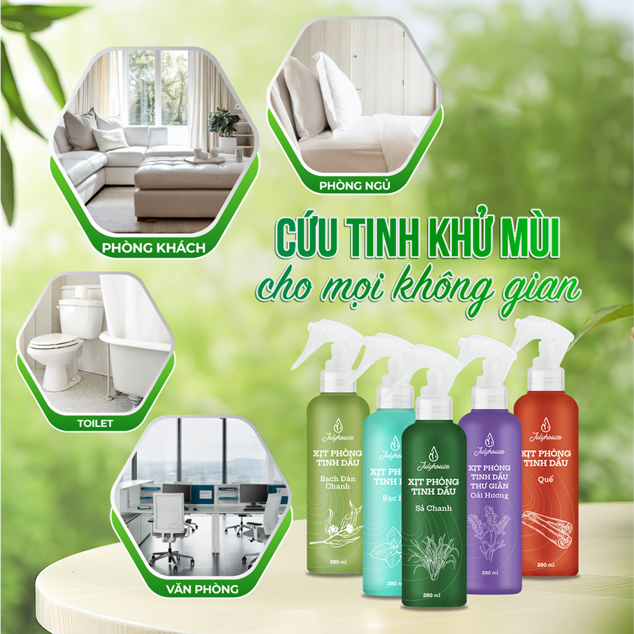 Xịt phòng thư giãn Julyhouse tinh dầu Sả Chanh, Bạc Hà, Bạch Đàn Chanh, Quế, Oải Hương thơm phòng 280ml