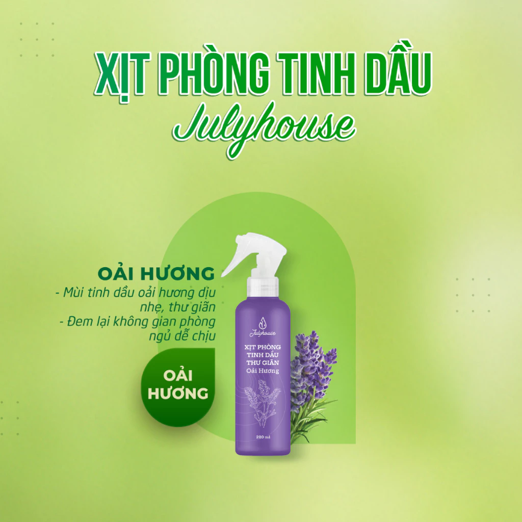 Xịt phòng thư giãn Julyhouse tinh dầu Sả Chanh, Bạc Hà, Bạch Đàn Chanh, Quế, Oải Hương thơm phòng 280ml