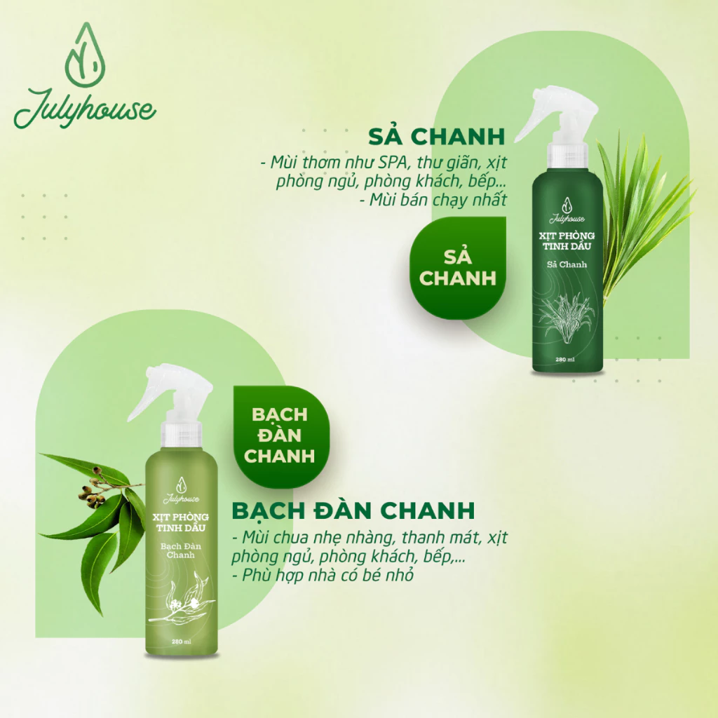 Xịt phòng thư giãn Julyhouse tinh dầu Sả Chanh, Bạc Hà, Bạch Đàn Chanh, Quế, Oải Hương thơm phòng 280ml