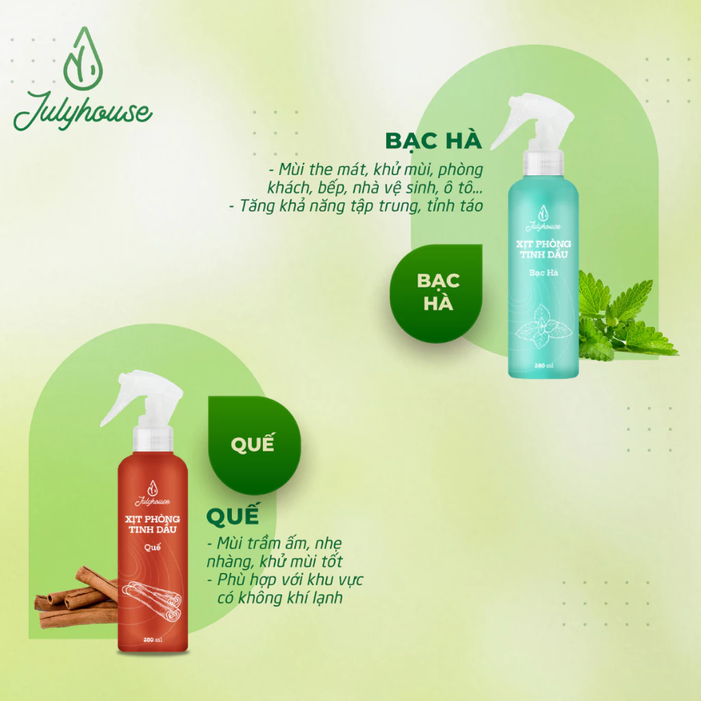 Xịt phòng thư giãn Julyhouse tinh dầu Sả Chanh, Bạc Hà, Bạch Đàn Chanh, Quế, Oải Hương thơm phòng 280ml
